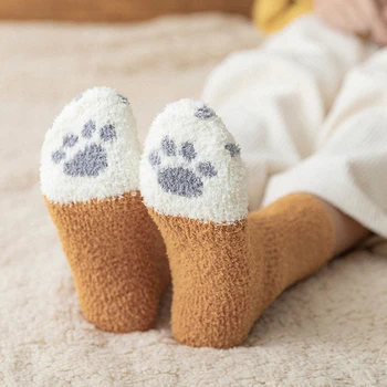 Roztomilé Mačacie Pazúry Coral Fleece Zimné Hrubé Teplé Oblečenie Trubice Ponožky Sladké Tvorivé Cat Home Poschodí Ponožky Ženy Darček