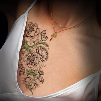 Veľká Veľkosť Zelený Had A Ruže Kvet Falošné Tetovanie Nálepky Ženy Muži Body Art Nepremokavé Dočasné Tattos Flash Rameno Obtlačky Tetovanie