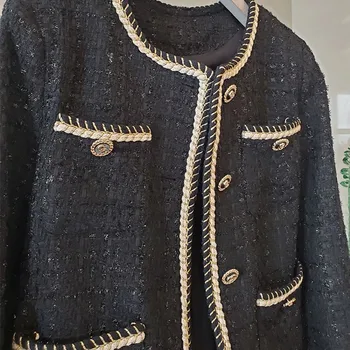 Dráhy Jeseň Zima Čierna Vintage Vlnené Tweed Bunda Ženy, Luxusné Sladké Vysokej Kvality Coats Top Vrchné Oblečenie Žien Casacos