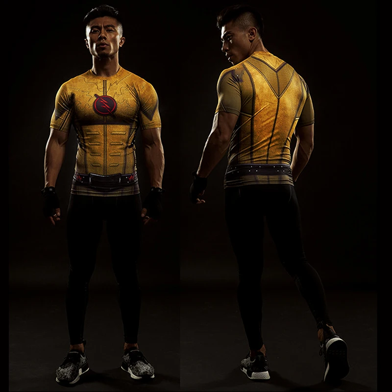 2021 Superhrdina krátke rukávy T-shirt letné módne športové fitness rýchle suché tesné tričko žlté flash cosplayt-shirt 4