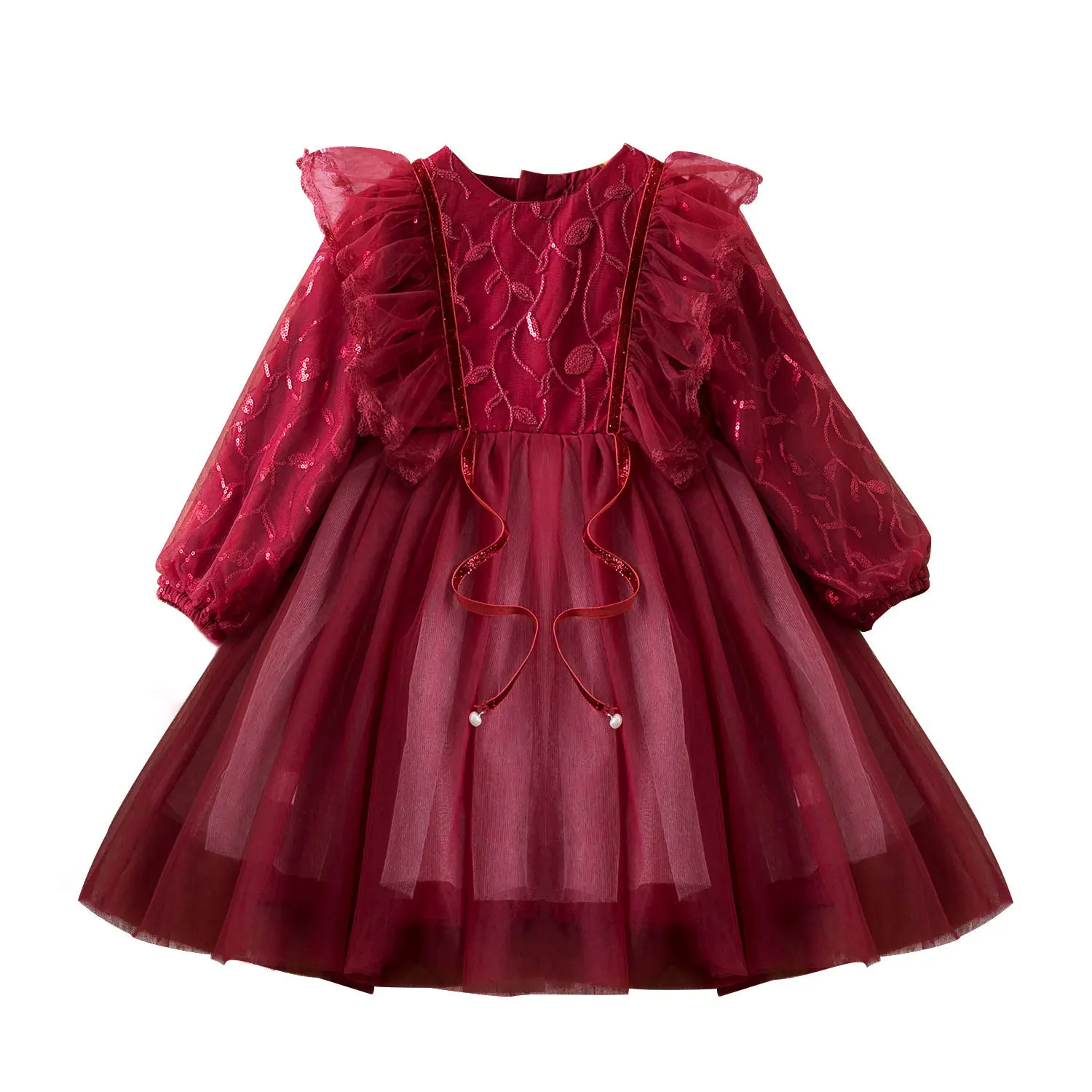 Dievča Roztomilý Kostým 2021 Jarné Oblečenie Detí Oka Bavlna Party Šaty s Svietidla Rukáv Princezná plesové Šaty 4