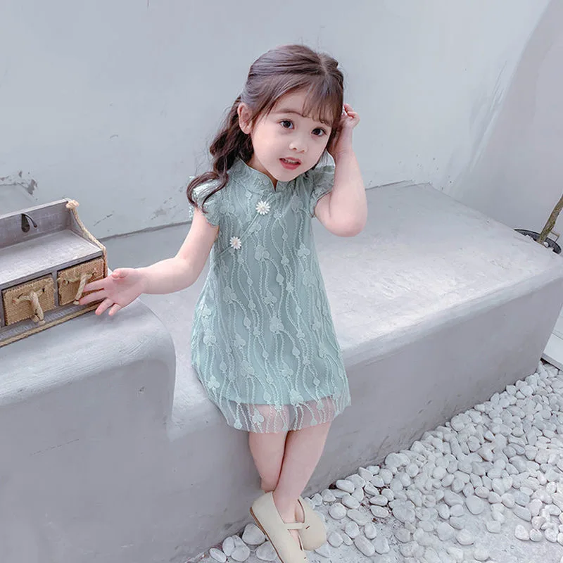 Dieťa Čipky Letné Šaty Bez Rukávov Čínsky Štýl Cheongsam Princezná Oblečenie Čipky Dieťa Nosiť Dieťa Výkon Oblečenie 4