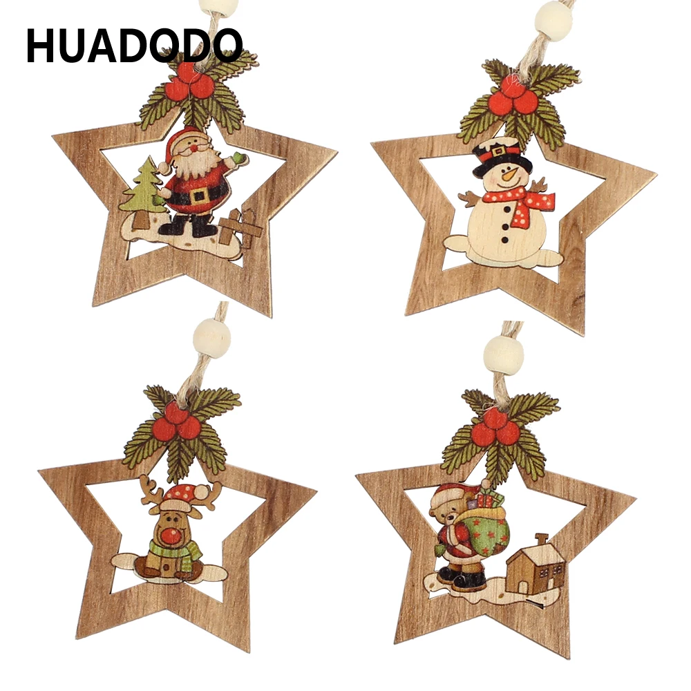 HUADODO 4Pcs Drevené Star Vianočný strom dekorácie Prívesky, Ozdoby na Vianočné dekorácie Ornament Nový Rok Deti Darček 4