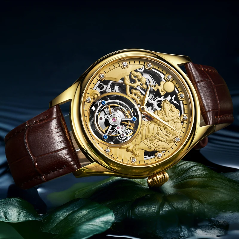 Luxusné hodinky mužov dizajnér značky slávny AESOP kostra hodinky tourbillon sapphire nepremokavé tiger kryštály dial ružové zlato striebro 4