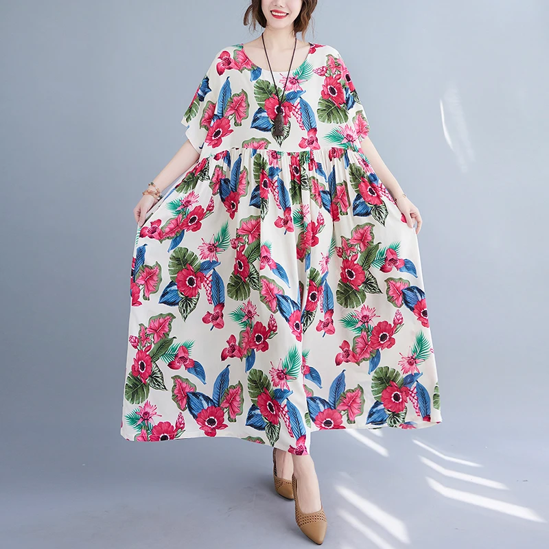 Nadrozmerné Lete Bavlna Kvetinové Šaty pre Ženy Kórea Štýl Dlho Mujer Femme Plážové Šaty Žena, Nové Módne Dámske Šaty 2021 4