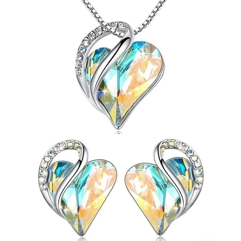 NOVÉ Módne Striebro Láska Srdce Crystal Stud Náušnice Prívesok Náhrdelník Birthstone Šperky Set Darčeky pre Ženy 4