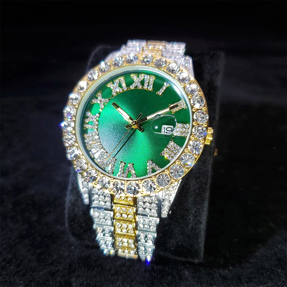 Nový Diamond Fashion Quartz Hodinky Mužov Značky Luxusné Zlaté Hodiny Nehrdzavejúcej Ocele Sledovať Mužov Zlato Zelené Pánske Hodinky Reloj Hombre 4