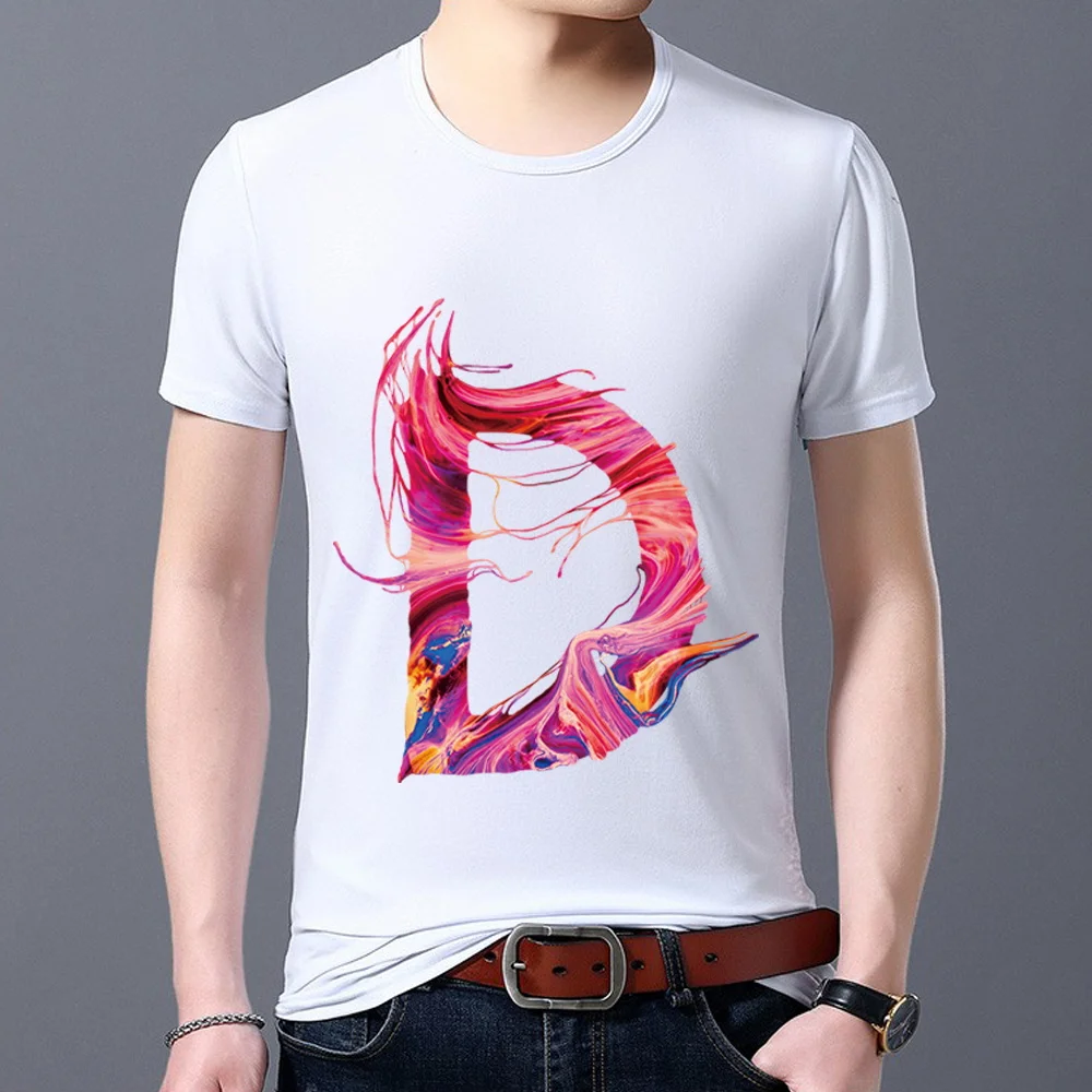 Oblečenie pre mužov Jednoduché T-shirt Tlače 26 anglickej Abecedy Série B Letter Tlač Maľovať O-krku Bežné Prímestských Slim Soft Top 4