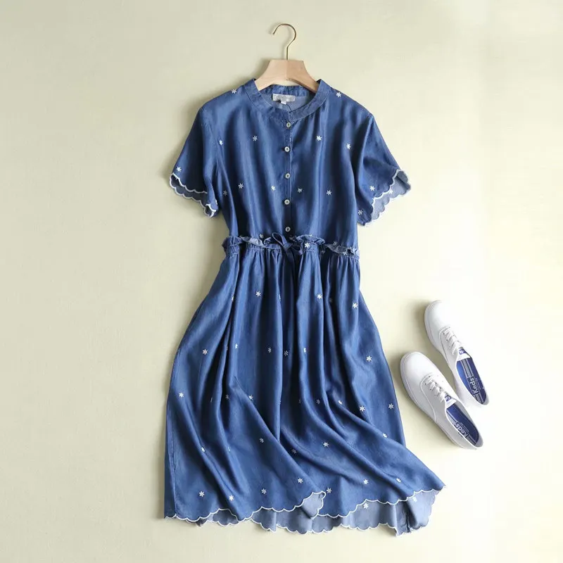 Prehrabla Výšivky Dlho Džínsové Šaty Žien Svetlo Modrá Krátky Rukáv, Dlhé Letné Džínsy Elegantné Šaty Vestidos Mujer Bavlna 4