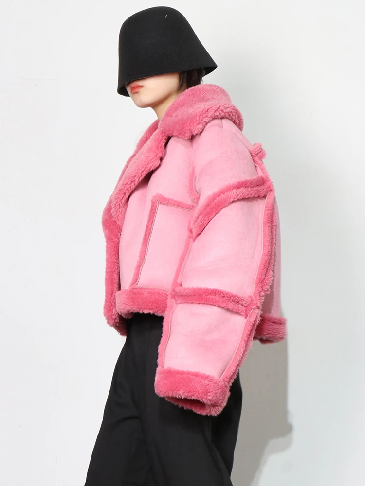 TWOTWINSTYLE Ružová Bežné ovčej vlny Bunda Pre Ženy Klope Dlhý Rukáv, Krátke kórejský Bundy Ženskej Módy Nové Zimné Oblečenie 4