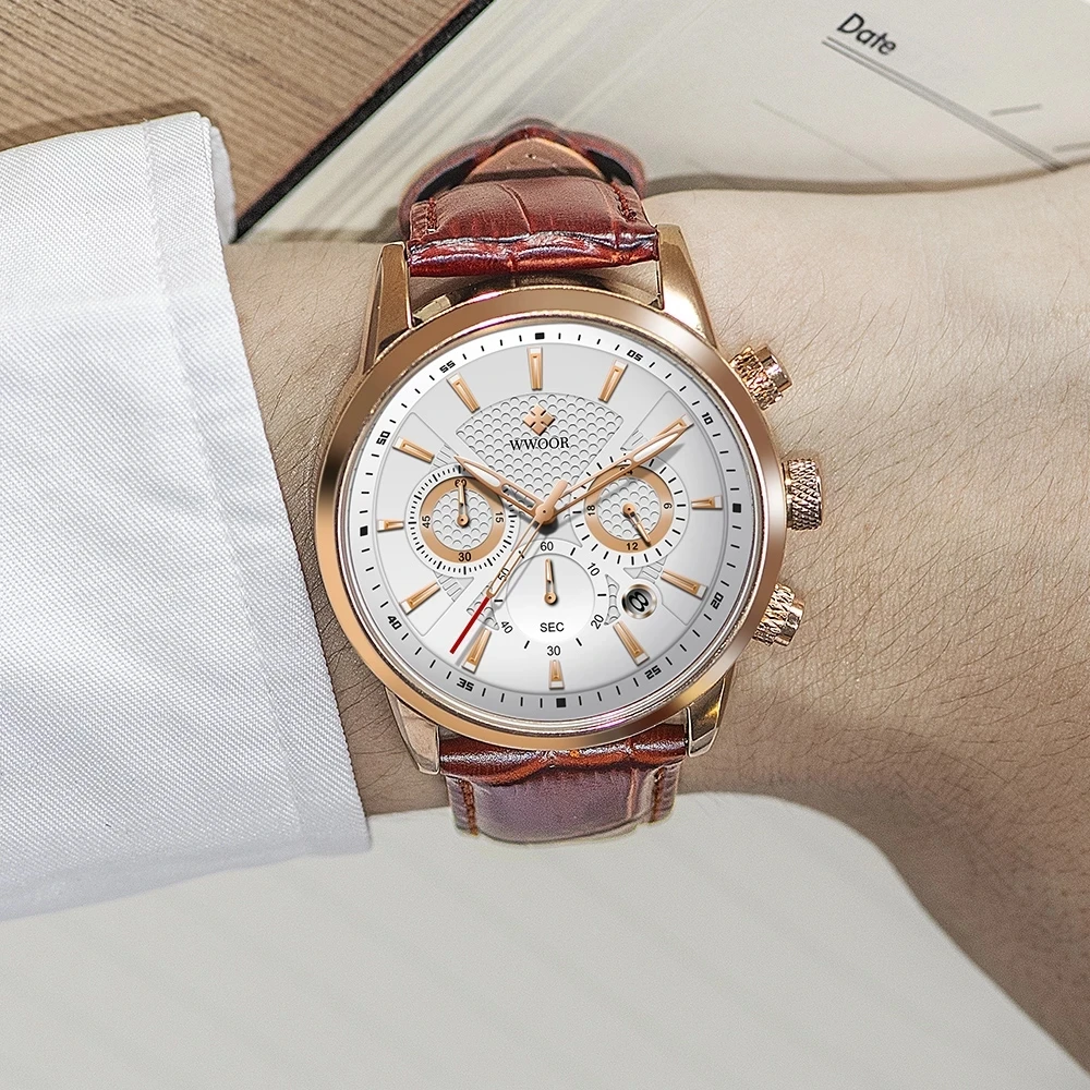 WWOOR 2021 Top Značky Luxusné Hodinky Mužov Klasické Kožené Business Quartz Kalendár Chronograf Nepremokavé náramkové hodinky Reloj Hombres 4