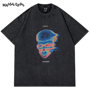 Hip Hop Nadrozmerná Umyté T-Shirt Streetwear Harajuku Vintage Retro Kostra Vytlačený T Shirt Mužov Lete Krátky Rukáv Topy 5