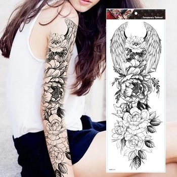 Veľké Arm Tattoo Rukáv Krídlo Kvet Nepremokavé Dočasné Tetovanie Nálepky Ruže Mužov Plný Lebky Totem Tetovanie 3