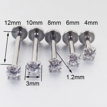 4 mm Dĺžka Nehrdzavejúcej Ocele Vnútorne Závitový Kolík Top Gem Labret piercing Pery Zirkón Kameň Tragus Ear Piercing Body Šperky 2