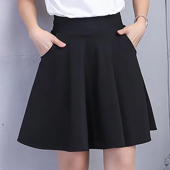 Čierne Šortky Sukne Ženy 2021 Módne Farbou Vrecku Vysoký Pás A-line Slnko Školy Mini Sukne Ženy