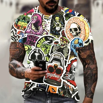 Letné pánske T-shirt 2021 Úplne Nové 3D Vytlačené Vrchol Lebky Demon Rose Krátky Rukáv Fashion Bežné Nadrozmerné Beží Oblečenie