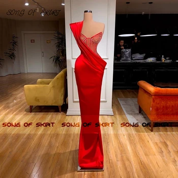 2022 Elegantná Červená Morská Víla Večerné Šaty Jedno Rameno Satin Dlho Party Šaty Ilúzie Bodice Formálne Župan De Femme Soirée