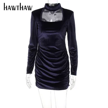 Hawthaw Ženy Móda Jeseň Dlhý Rukáv Bodycon Strany Klub Blue Mini Šaty 2021 Jeseň Oblečenie Veľkoobchod Položky Dropshipping