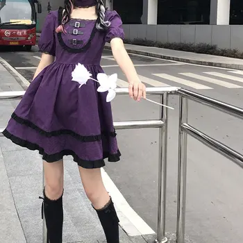 Japonský Harajuku Gothic Lolita Šaty Letné Dievčatá Sexy Party Purple Koberčeky Tlačidlá Námestie Golier, Čipka Volánikmi Ženy Mini Šaty