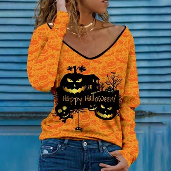 Jeseň Halloween T-shirt Ženy V Krku Dlhý Rukáv Tekvica Tlačiť Bežné Topy, Pulóvre Voľné Tee Tričko pre Ženu Patria 2021