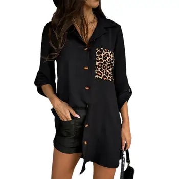 Ženy Blúzka 2021 Tričko Leopard Našité Vrecko Voľné Bežné Dámy Dlhý Rukáv Tlačidlo Placket Top Voľné Plus Veľkosť Oblečenie Blúzky