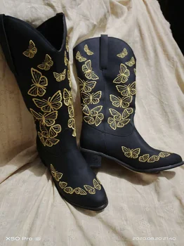 Dámske Topánky Retro Žien Boot Luk Výšivky Kovbojské Topánky pre Ženy, Silné Päty Kožené Topánky Rytier topánky Plus Veľkosť 35-43