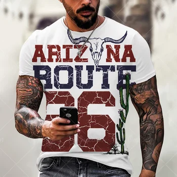 Pánske krátke rukávy T-shirt, ročník voľné tričko, veľké, tlačené s Americkou vlajkou, Highway 66, jar a Jeseň
