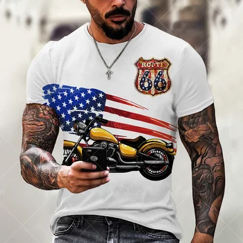 Pánske krátke rukávy T-shirt, ročník voľné tričko, veľké, tlačené s Americkou vlajkou, Highway 66, jar a Jeseň 5