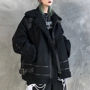 Y2K Zimná Fleece Bunda Ženy 2021 Gotický Punk Teplé Nadrozmerné Vrecku Čierny Plášť Žena Retro Streetwear Harajuku Elegantné Outwear