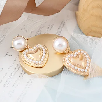 Vintage Srdca Náušnice kórejský geometrické Kolo pearl náušnice dlhé ženské klasické Nadsázka náušnice pre ženy, nočný klub šperky