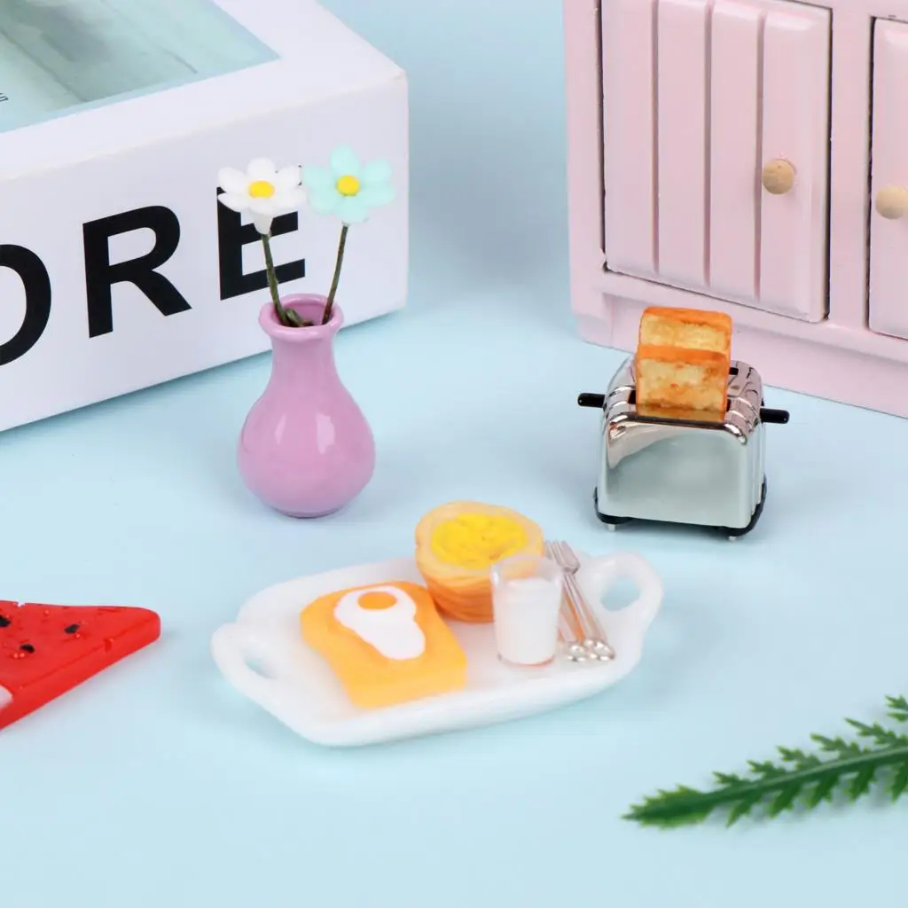 1Set domček pre bábiky Simulácia Mini Kuchyňa Scény Jedlo Dekorácie Raňajky Predstierať, že Hrať Mlieko Vajcia Model Chlieb Stroj S Toast 5