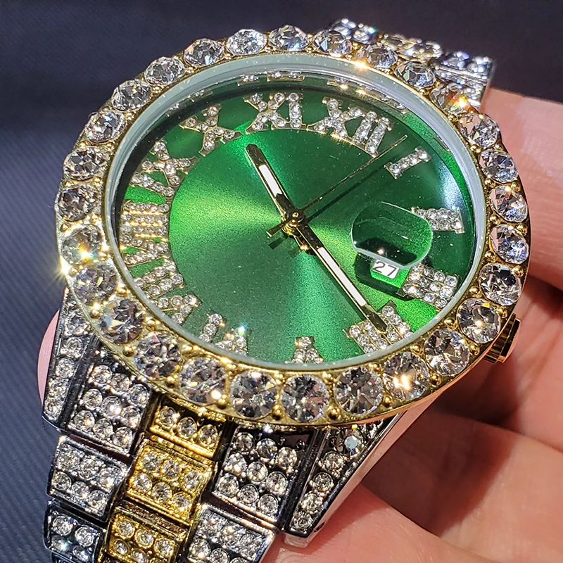 Nový Diamond Fashion Quartz Hodinky Mužov Značky Luxusné Zlaté Hodiny Nehrdzavejúcej Ocele Sledovať Mužov Zlato Zelené Pánske Hodinky Reloj Hombre 5
