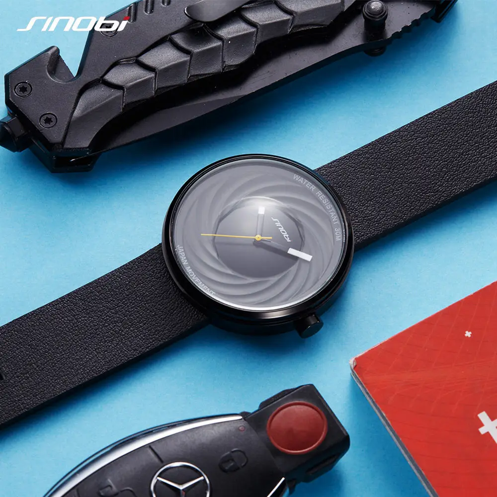 SINOBI Objektív Muži Ženy Japonsko Movt Hodinky Špirála Black Náramkové hodinky pravej Kože Quartz Unikátne Tvorivé Športové Hodinky timeSaat 5