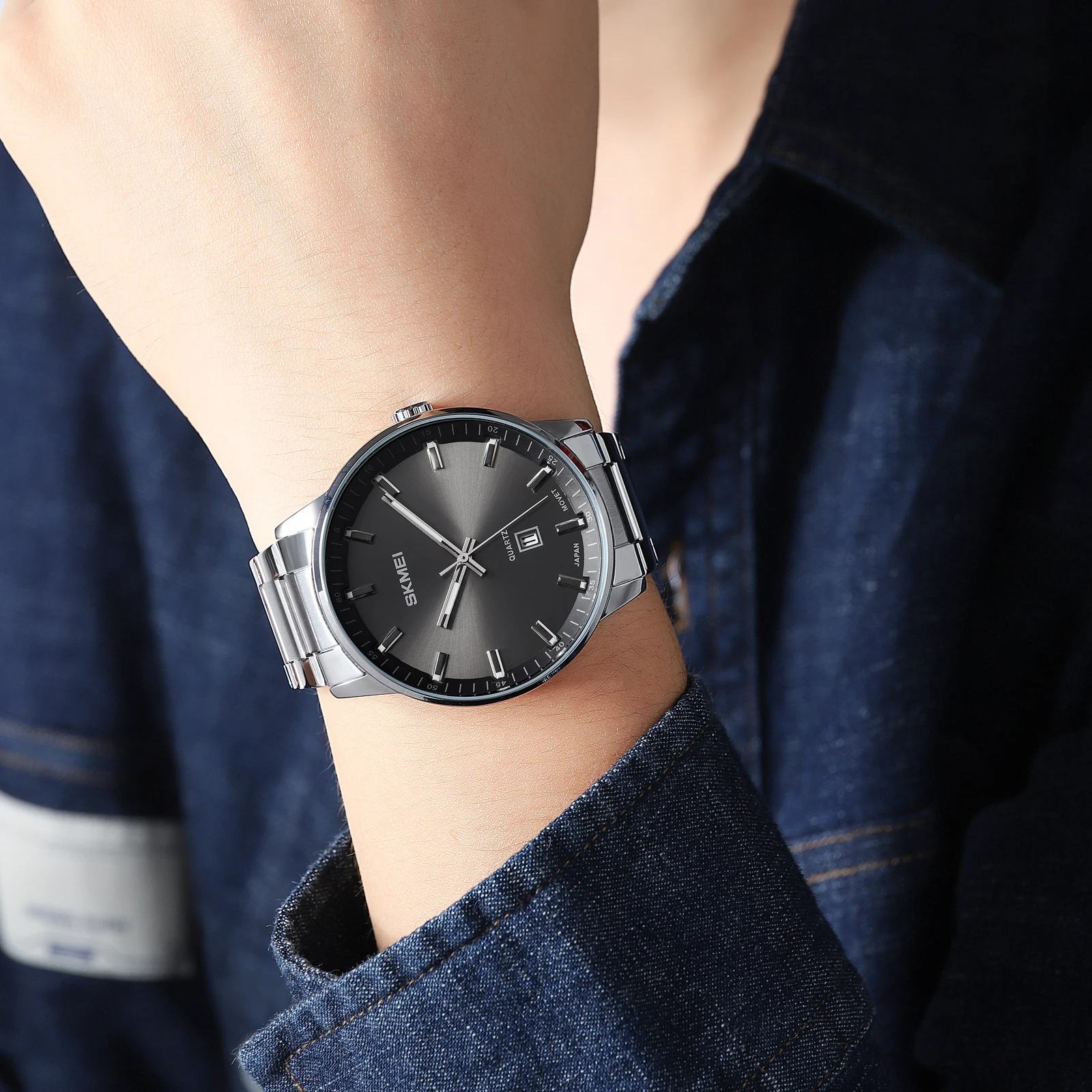 SKMEI Nový Luxusný Náramok z Nerezovej Ocele Quartz náramkové hodinky Pre pánske Auto Dátum Muž Hodiny Vodotesné Hodinky Relogio Masculino 5