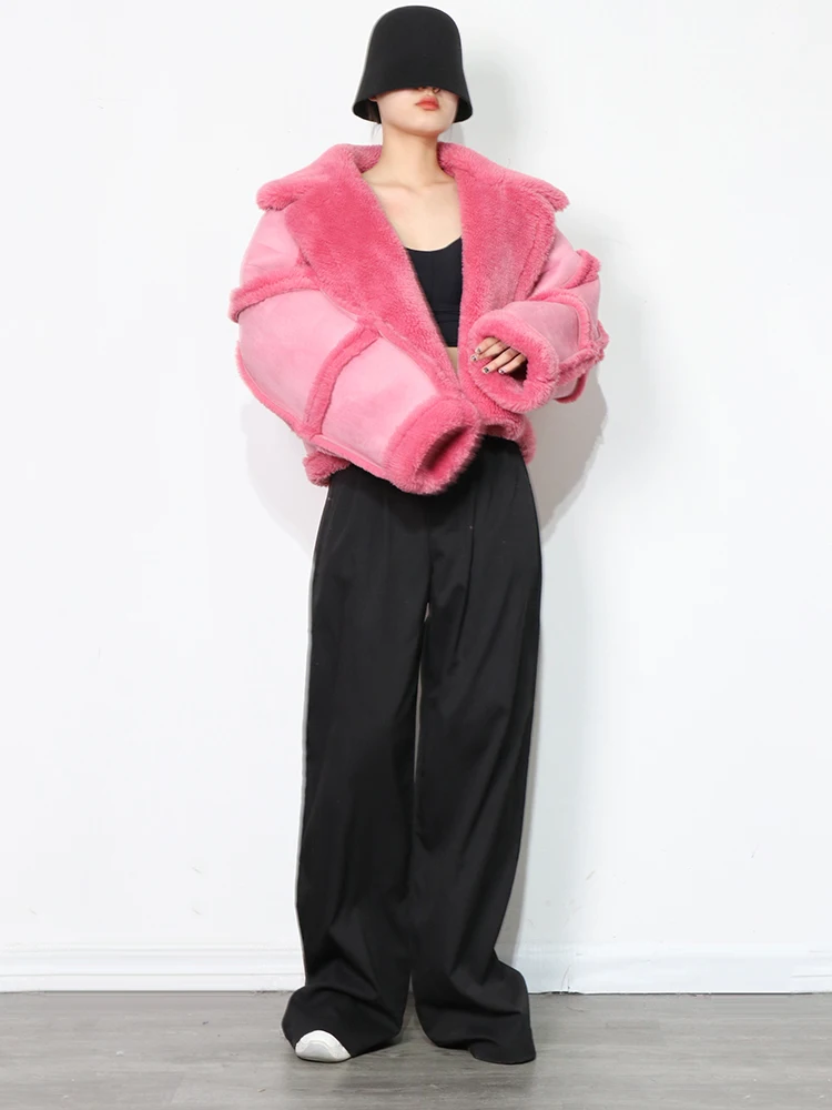 TWOTWINSTYLE Ružová Bežné ovčej vlny Bunda Pre Ženy Klope Dlhý Rukáv, Krátke kórejský Bundy Ženskej Módy Nové Zimné Oblečenie 5