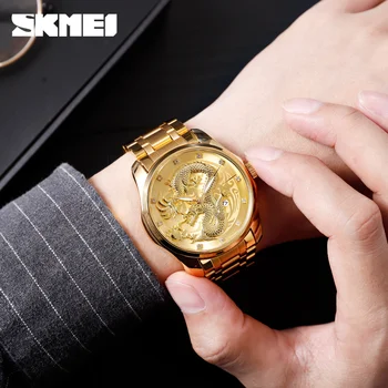 Top Značky Luxusné Golden Dragon Quartz Muži Hodinky SKMEI Nepremokavé Nerezové náramkové hodinky Muž Hodiny Relogio Masculino 5