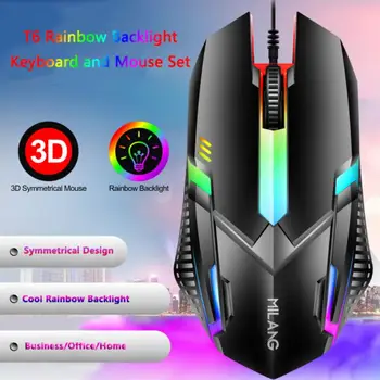 T6 USB Káblové Klávesnice Myši Nastaviť Rainbow LED Podsvietenie Herné Klávesnice Gaming Myš Pre Notebook PC 2 Voliteľné Farby 5