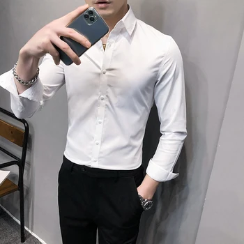 5 Farba 2021 Nové Módne Boutique Bežné Obchodné Mens Slim Dlho puzdre Tričko Výšivky Svadobné Šaty Muž Formálne Tričko