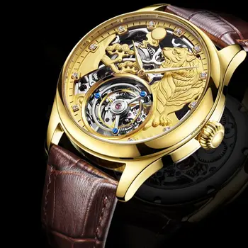 Luxusné hodinky mužov dizajnér značky slávny AESOP kostra hodinky tourbillon sapphire nepremokavé tiger kryštály dial ružové zlato striebro 0