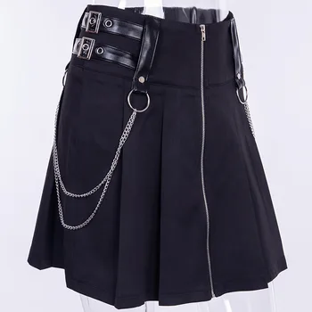 Gotický Punk Čierna Mini Sukňa v Lete Sexy Ženy Zips Železa Reťazca PU Kožené Pás Vysoký Pás A-Line Sukne Streetwear 0