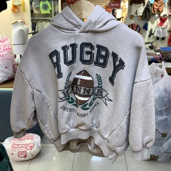 Zimné Nový Začiatok Unisex Voľné Plyšové Hrubé Rugby Vytlačené mikina s Kapucňou sveter