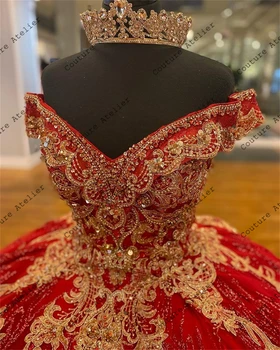 Červená Plesové Šaty, Quinceanera Šaty Formálne Prom Maturitné Šaty Čipky Princezná Sladké 15 16 Šaty Rameno