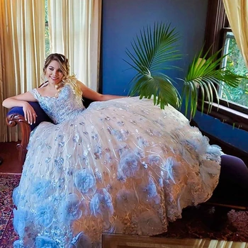 Svetlo Modrej Ballgown Quinceanera Oblečenie Perly 3D Kvety od pleca Formálne prom šaty Sweet 16 Šaty vestido de