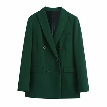 2021 dámskej Módy Double-Breasted Zelené Sako Office Lady Dlhý Rukáv ležérne sako Elegantné Outwear Elegantné Topy 0