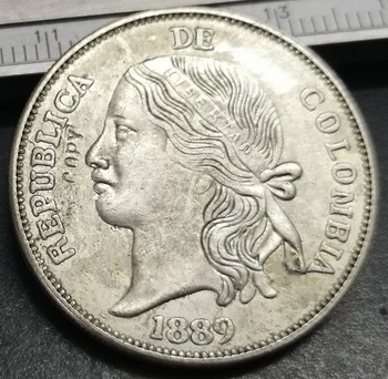 1889 Kolumbia 5 Decimos Strieborné Pozlátené Kópiu Mince