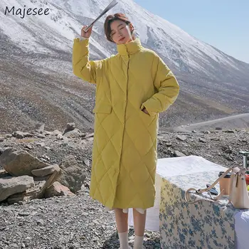 Stredne dlhé Štýl Parkas Argyle Žltá Singel svojim kórejský Štýl Zimné Elegantné Dámske vrchné oblečenie Teplá Vetru Módne Voľné