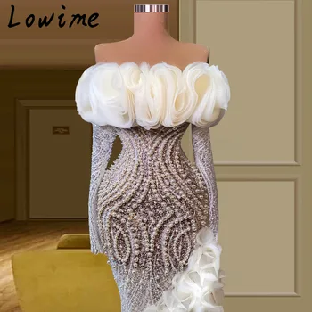 Luxusné bez Ramienok Perly Plný Rukávov Večerné Šaty 2021 Morská víla Formálne Prom Party Šaty arabčina vestido de novia pre Ženy