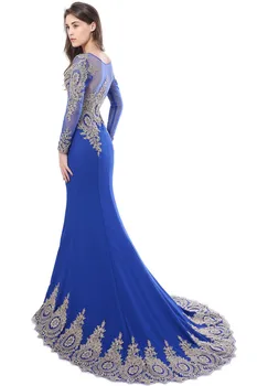 Royal Blue s Dlhým Rukávom Večerné Šaty Sexy Čipka Nášivka malá Morská víla Prom Formálne Šaty Elegantné Sweep Vlak arabčina župan de soiree