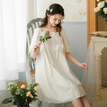 Retro Vintage Nightgowns Ženy Bavlna Sleepwear Viktoriánskej Nočné Šaty-Biele Čipky Peignoir Princezná Kawaii Odev Domáce Oblečenie