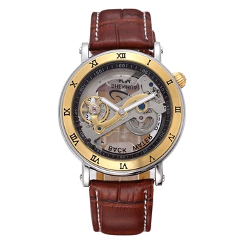 SHENHUA Pánske Hodinky Top Značky Luxusné Zlaté Transparentné Mechanické Kostra Muža Hodiny Relogios Automatická, Kožený Náramkové hodinky